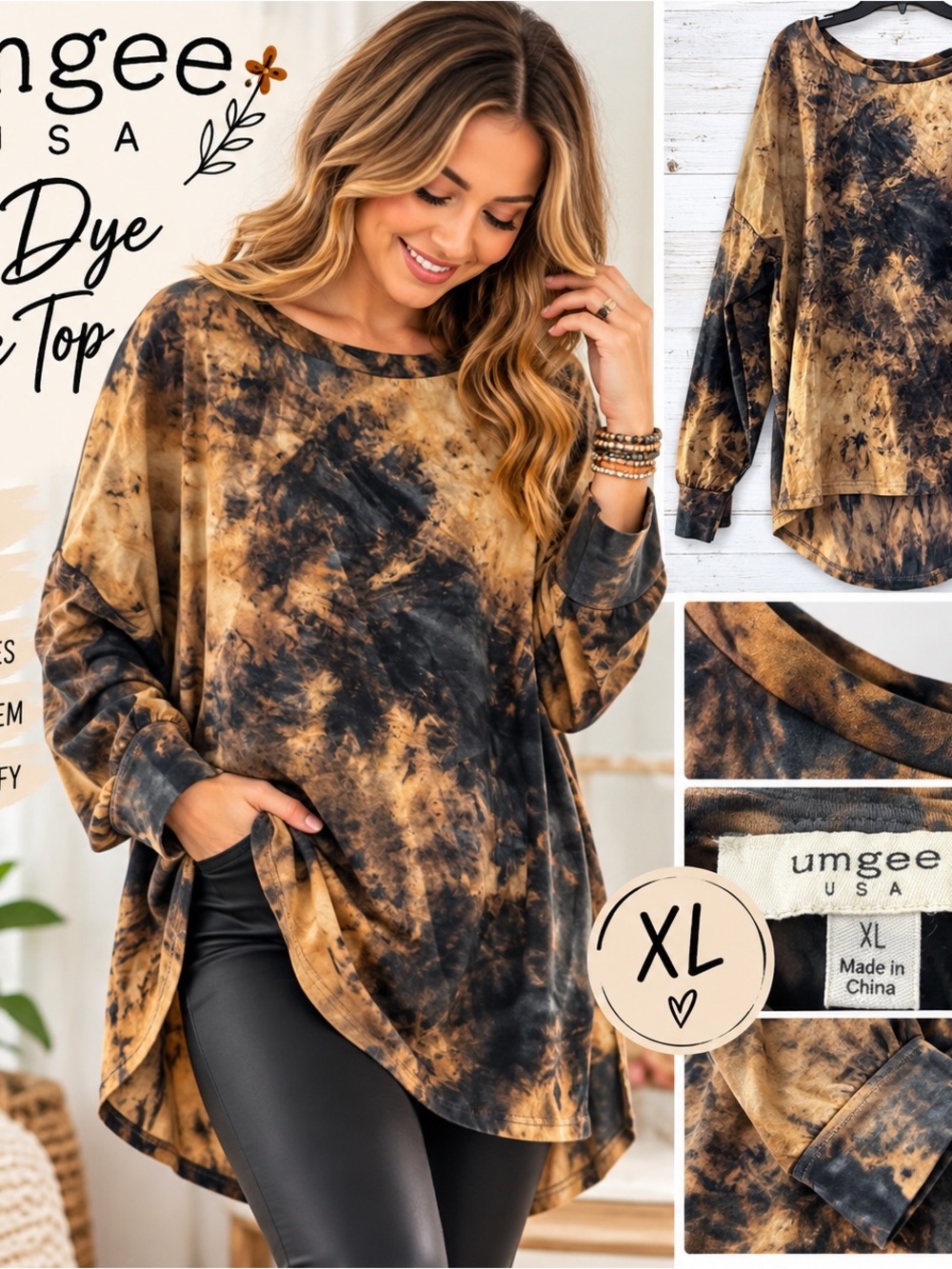 Umgee USA XL Brown Black Tie Dye Acid Wash Long Sleeve Tunic Top